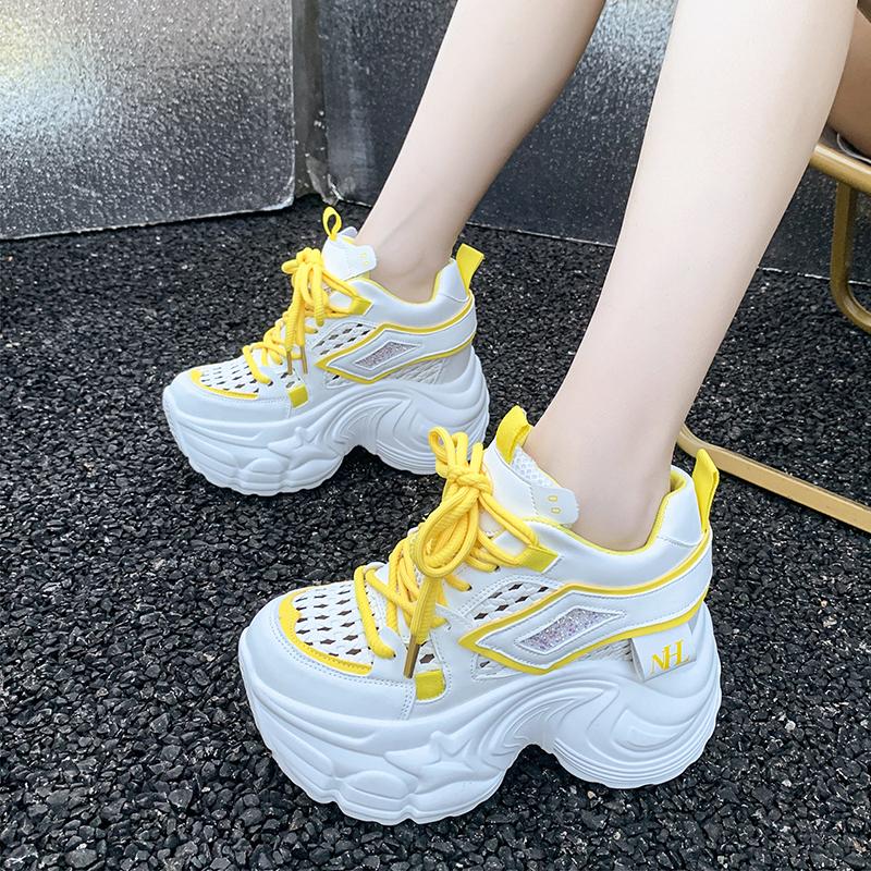 Fashion 9CM New 2025 Chunky Leather Sneakers Summer Casual Vulcanized Shoes Woman High Platform Breathable Mesh Sneakers Sport Dad Shoes
