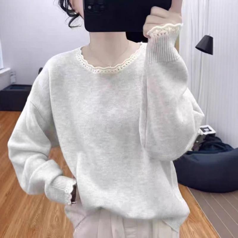 Gentle Wind Lace Neck Knitted Sweater Women's Age-reducing Loose Top Autumn and Winter New Crew Neck Bottoming Sweater