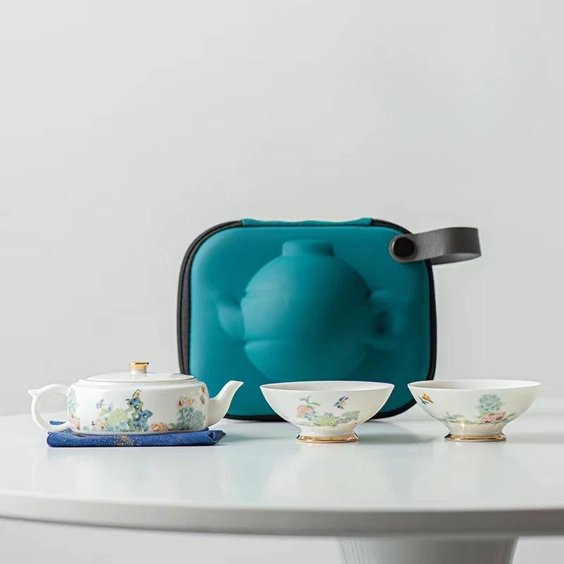 

Чайный набор One Pot Two Cups Kung Fu, портативный походный чайный набор для путешествий, керамический чайный набор для отдыха на природе, белые фарфоровые чашки с защелкой