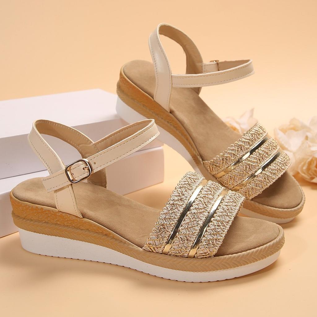 Straw Rhinestone Flash Wedge Heel Platform Sandals 2024 Summer New Simple and Comfortable Fashion Buckle High Heels