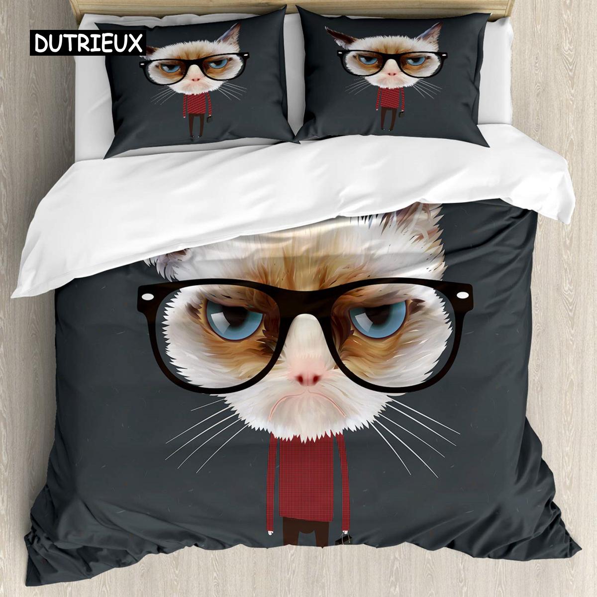 

Милый котик пододеяльник двойной размер 3D животное яркий красочный котик принт одеяло чехол мягкий полиэстер постельное белье комплект для взрослых подростков EU single(135x200cm)