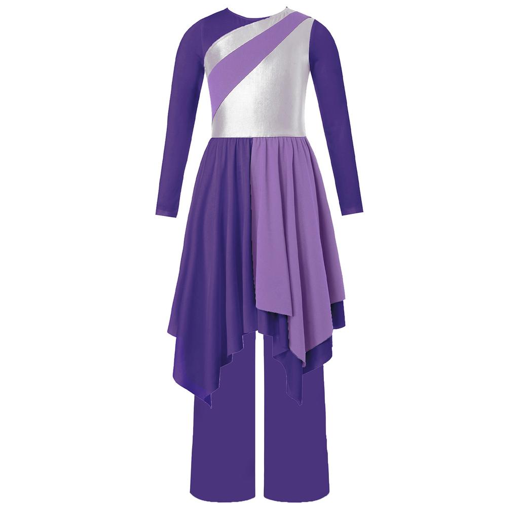 Girls Asymmetrical Hem Worship Dance Dress Elastic Waistband Pants Performance Set