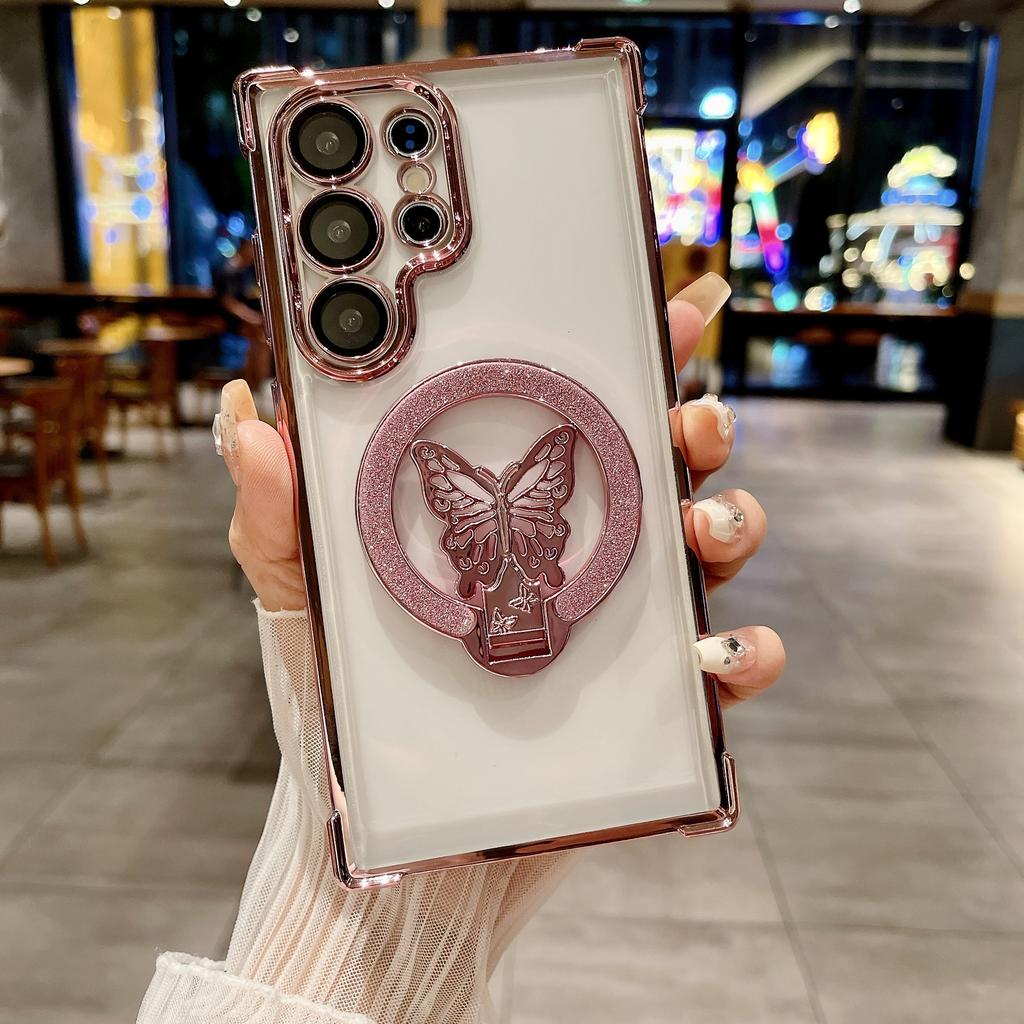 Suitable for Samsung S25 Ultra Mobile Phone Case Flash Powder Butterfly Magnetic Suction Bracket A53 Four Corner Airbag Anti Fall Protection Case
