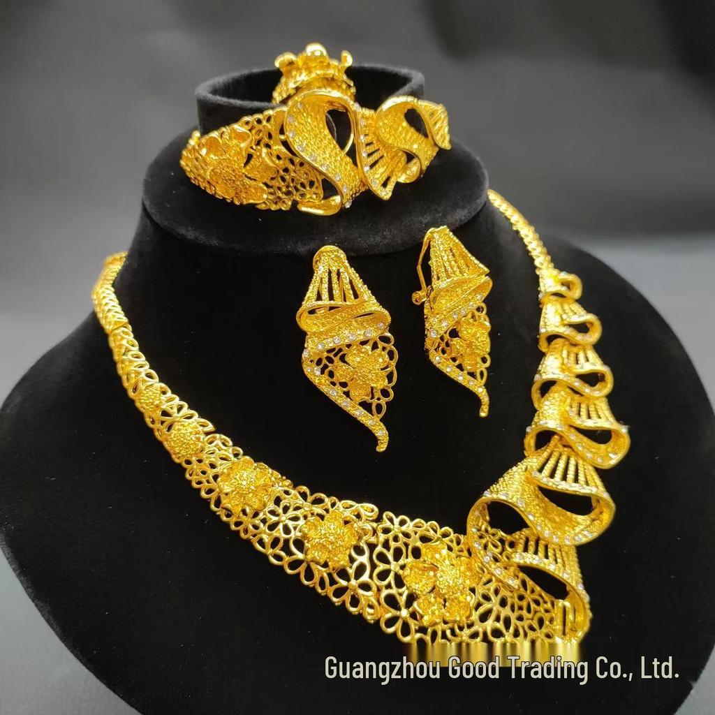 24k Gold Plated Dubai Bridal Jewelry Set: Necklace & Earrings (4-Piece)