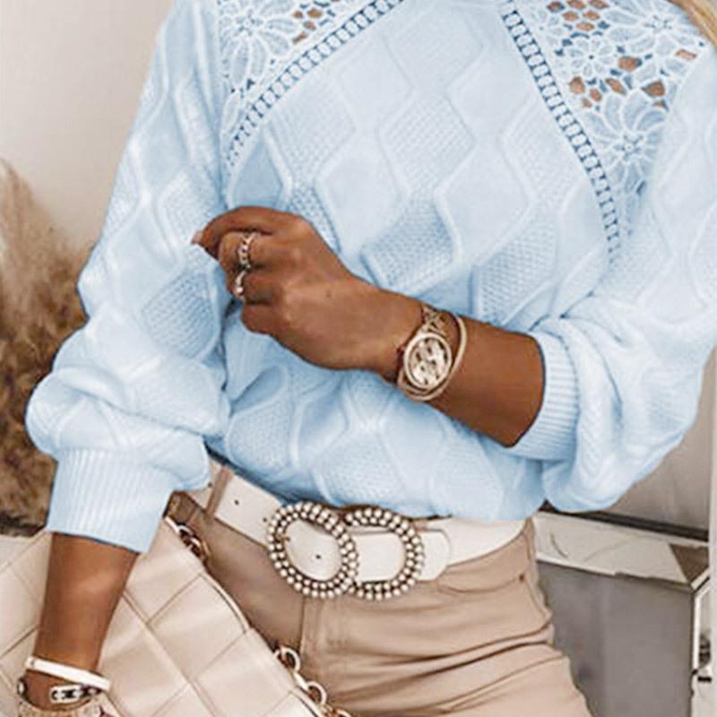 Round Neck Hollow Lace Knitted Sweater for Women with Commuting Temperament and Versatile Pullover Top
