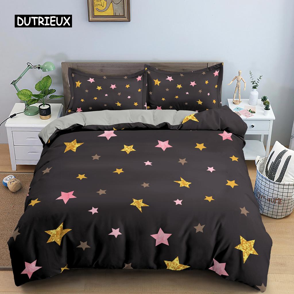 Colorful Stars Duvet Cover Set Microfiber Yellow Pink Stars Soft Bedding Set Single King Queen Twin Size 2/3pcs Comforter Cover