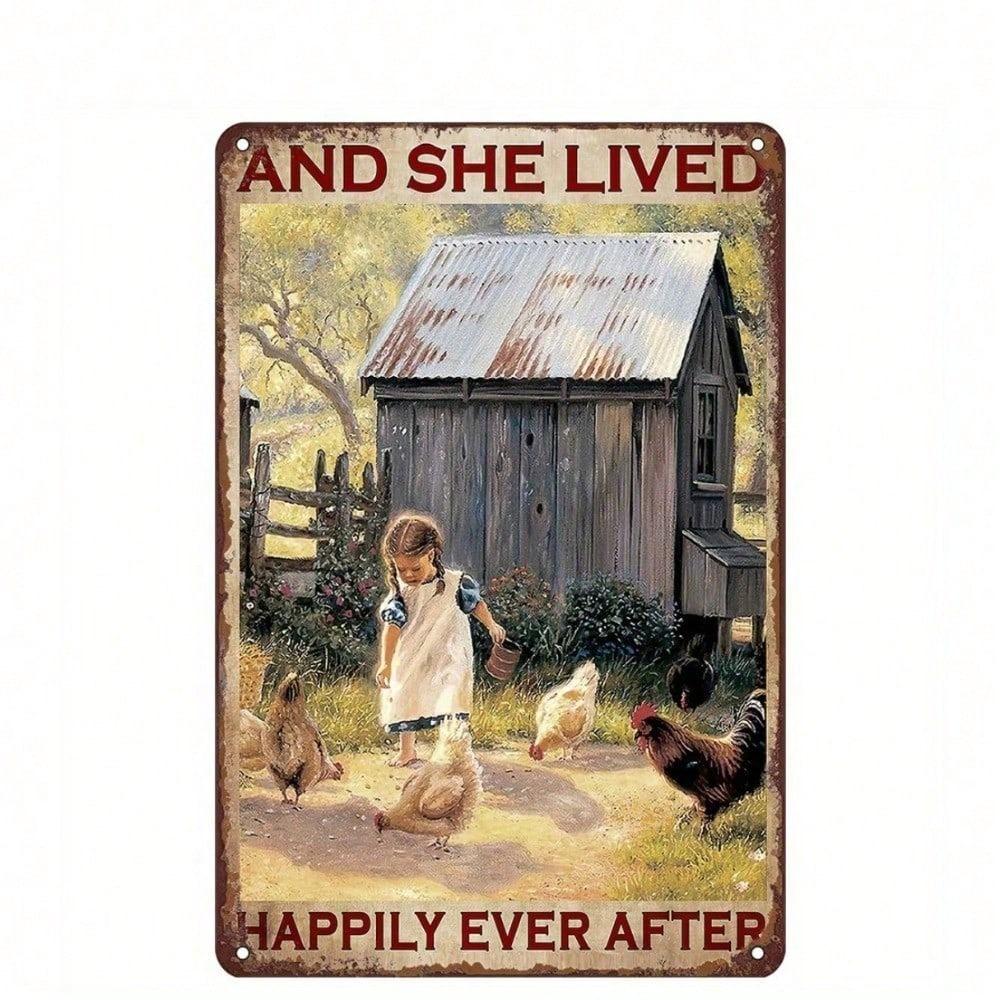 Vintage Farm Girl & Chickens Tin Sign, Rustic Wall Art with Happily Ever After Quote