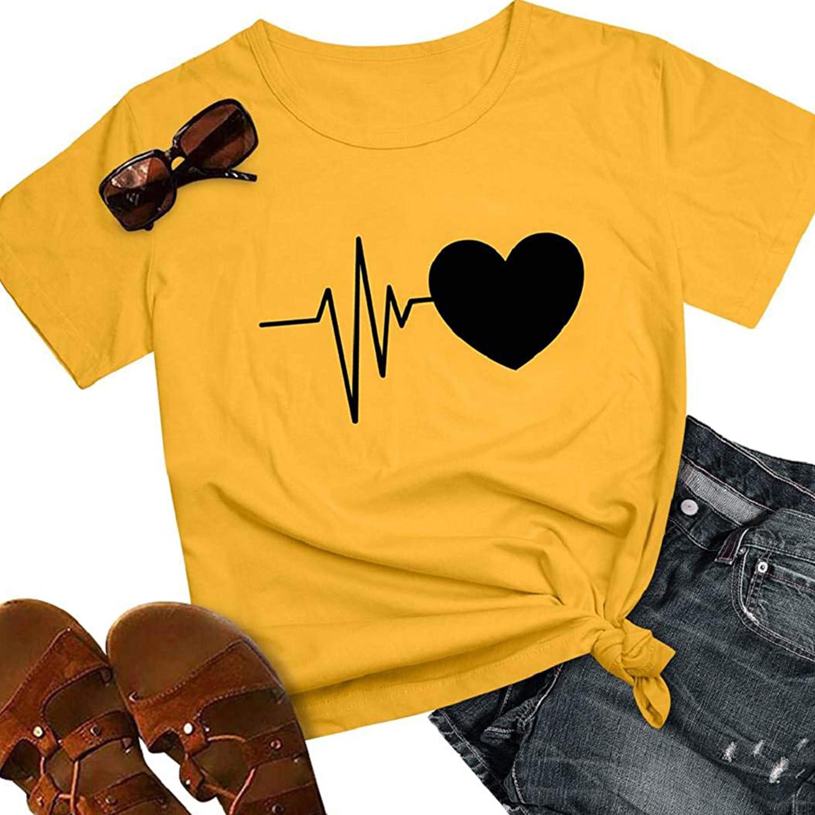 

Женская мода с круглым вырезом, пуловер с коротким рукавом, повседневная футболка с принтом любви, топ M жёлтый