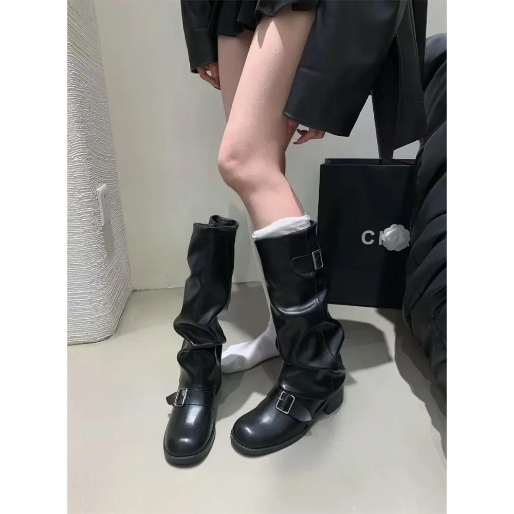 Damenstiefel Kniehoch Plateau Klobige Absätze Trend Punk Gothic New Rock Leder Mode Damenschuhe Motorradschuhe
