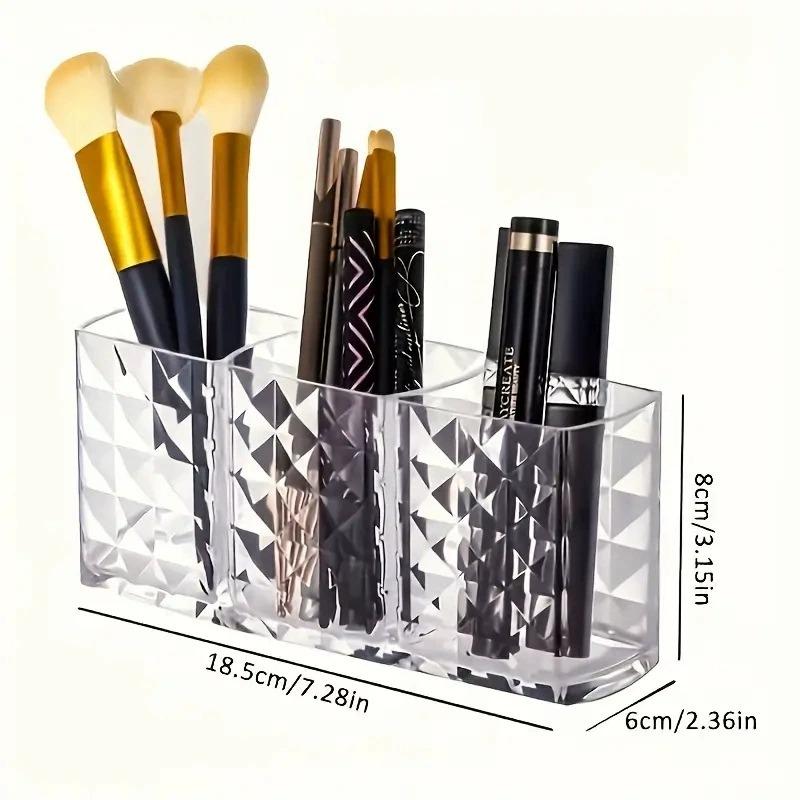 Clear Acrylic Makeup Brush Holder 3 Compartment Cosmetic Organizer