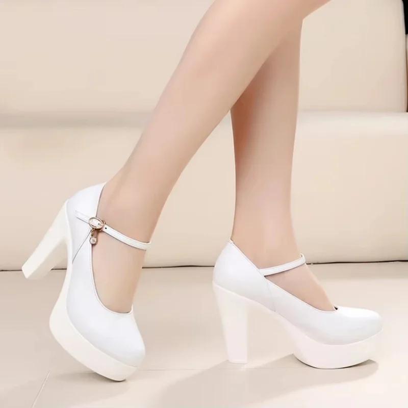 11cm Small Big Size 32-43 Shallow Genuine Leather Shoes Platform Pumps 2025 Spring Womens Block High Heels Shoes for Model Dress