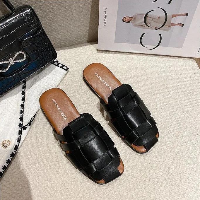 

Модная кожаная обувь для женщин, сандалии на низком каблуке, мюли, шлепанцы для улицы, женские тапочки с круглым носком, плоские, дизайнерские, из натуральной кожи, тренд, Ева F 40 чёрный