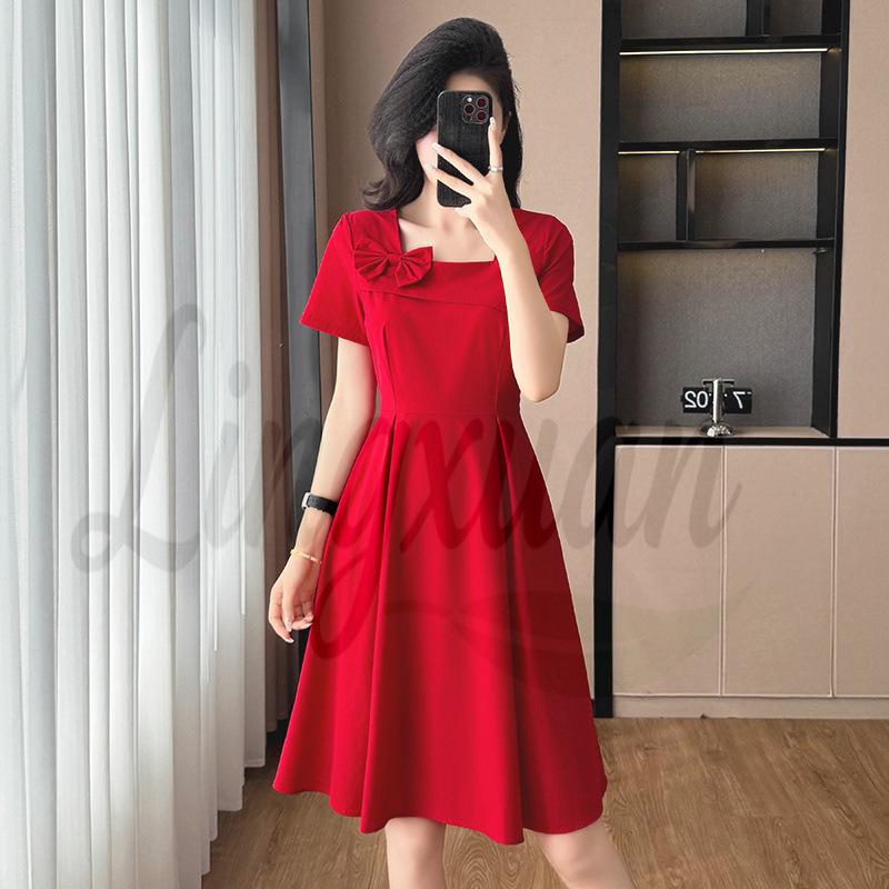2026 Elegant Red French Short-Sleeve Slimming Plus Size Women s Dress 5XL