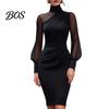 Everyday Casual Dress Women's Mesh Sheer Long Sleeve Mini Dress, Ruched Bodycon Mock Office Wear Women Neck Party Cocktail Formal Wedding Guest