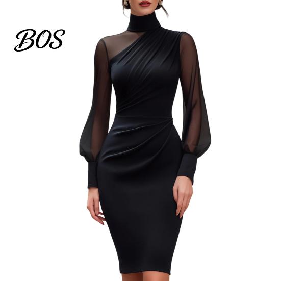 Everyday Casual Dress Women's Mesh Sheer Long Sleeve Mini Dress, Ruched Bodycon Mock Office Wear Women Neck Party Cocktail Formal Wedding Guest
