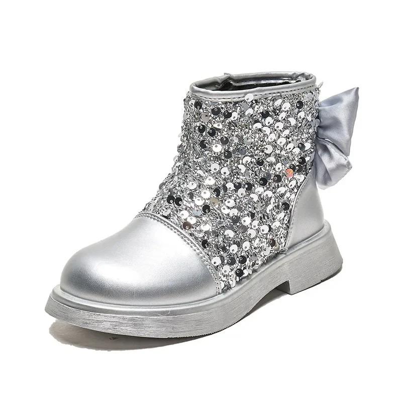 

Children Short Boots for Girls Autuumn Winter New Fashion Korean Princess Bowtie Party Outside Versatile Leather Shoe 27 серебряный