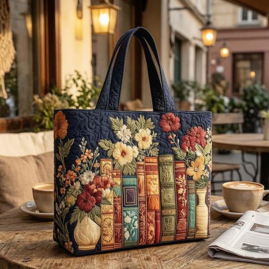 Gesteppte Tragetasche Retro-Print Stoff Pendler-Tote Vintage Leicht Faltbare Handtasche für Damen Tägliche Nutzung Reise Einkaufen