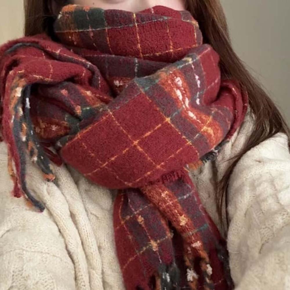 Soft Plaid Knitted Scarf Classic Women Thickened Scarf Gifts Long Tassel Neckscarf  Spring