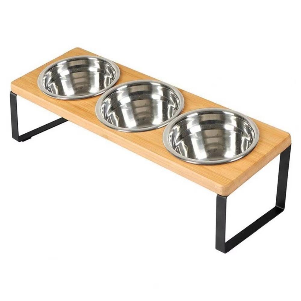 Non Slip Wood Pet Feeder Anti-Leak 3 Bowls Dog Water Feeding Dish Stainless Steel Bowls Anti-Vomiting Cat Bowl Stand Home Use