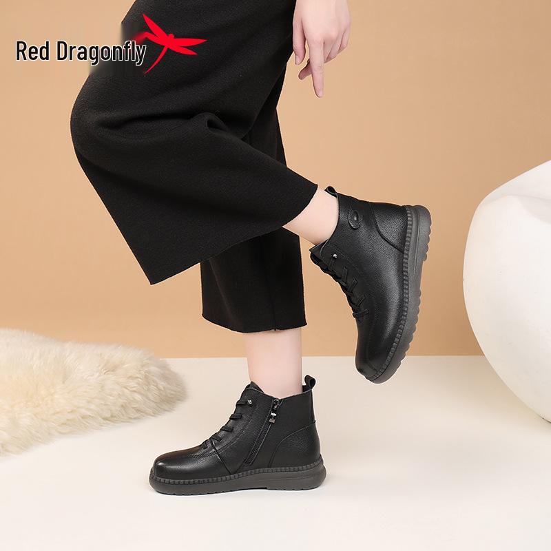 Red Dragonfly Women's Winter Genuine Leather Flat Booties with Thick Velvet Lining.