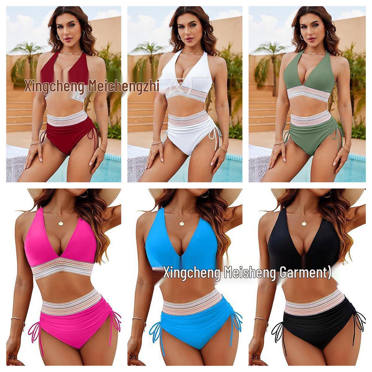 

2024 High-Waisted Split Bikini Set - Solid Color Swimsuit for Women Small