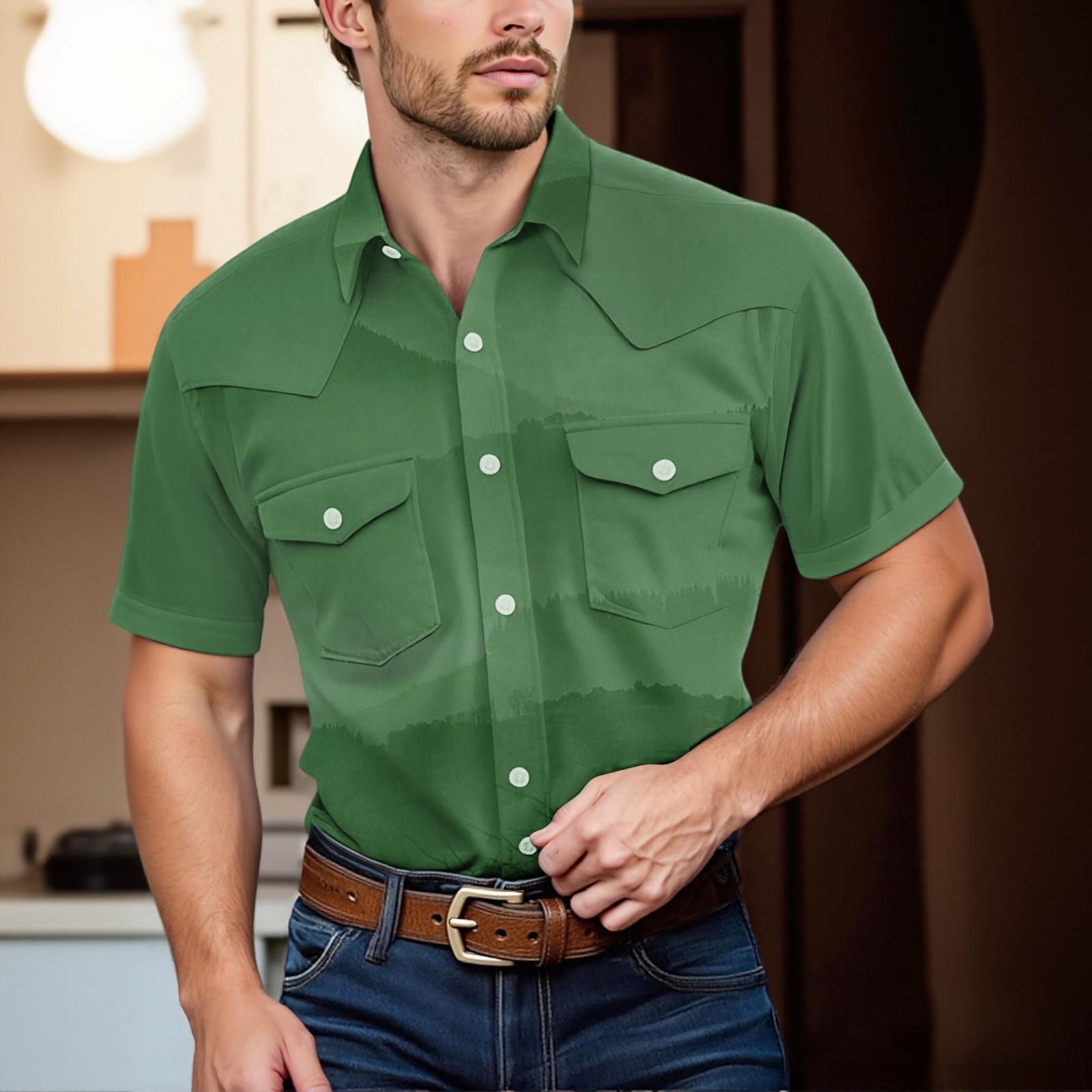 

Men S Fashionable Lapel And Shoulder Length Short Sleeved Casual Top M зелений