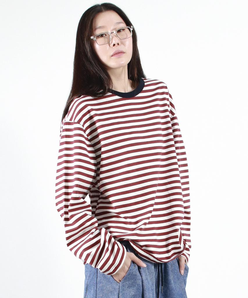 Deumakeu Stripe Loose-Fit Long Sleeve Tee - Burgundy