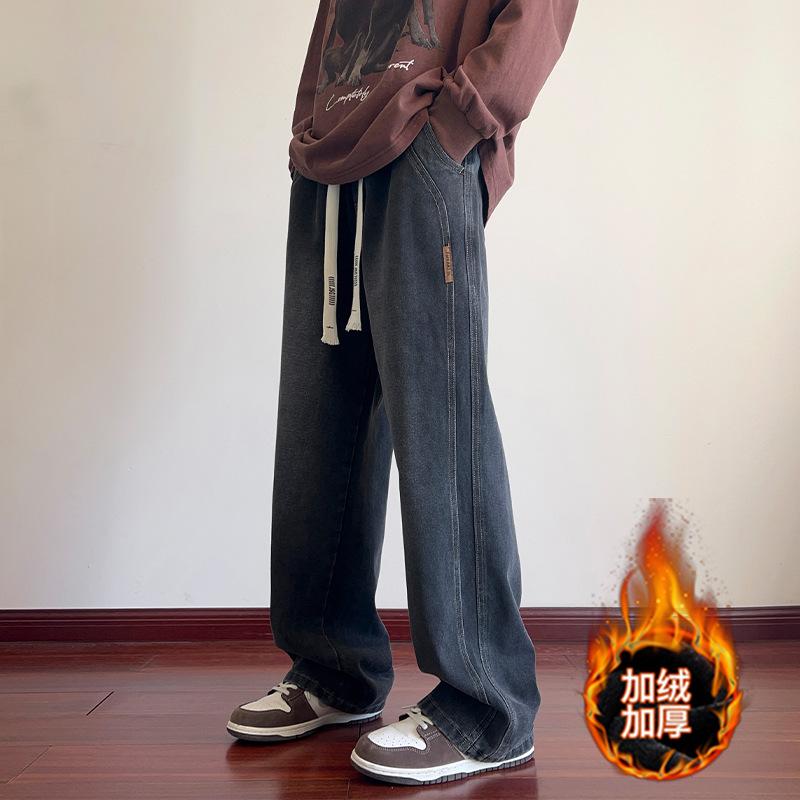 Popular Loose Fleece Straight Jeans New Men's American Fleece Trendy Casual Thermal Trousers Men