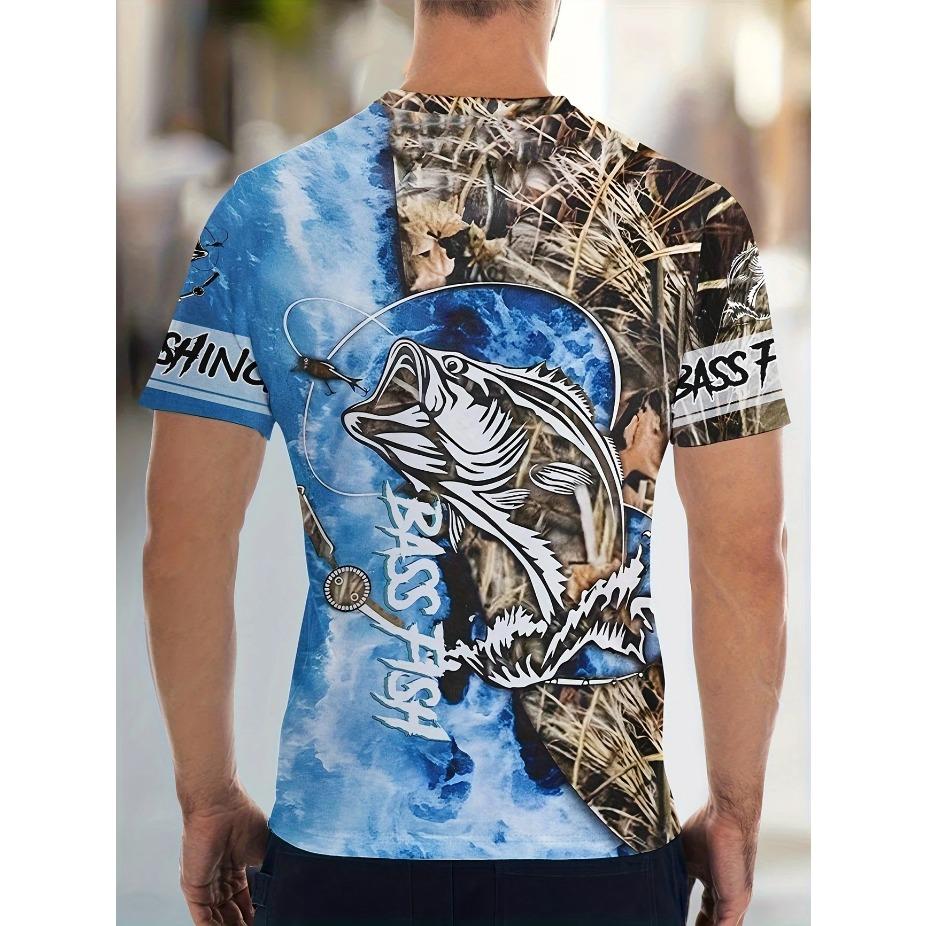 Mens Vibrant Fish Print Casual T-Shirt - Breathable Slight Stretch Polyester Crew Neck Tee for Outdoor Perfect for Summer