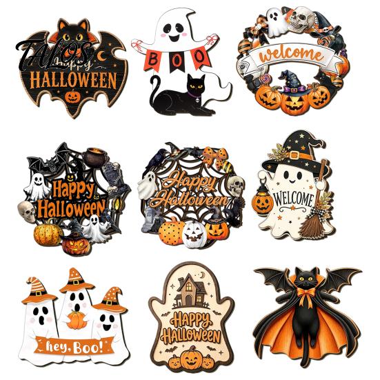 Spooky Party Decorations Black Cat Ghost Door Sign, Halloween Decorative Plaque, Wooden Hanging Plaque Vintage Rustic Decor with Jute Rope,