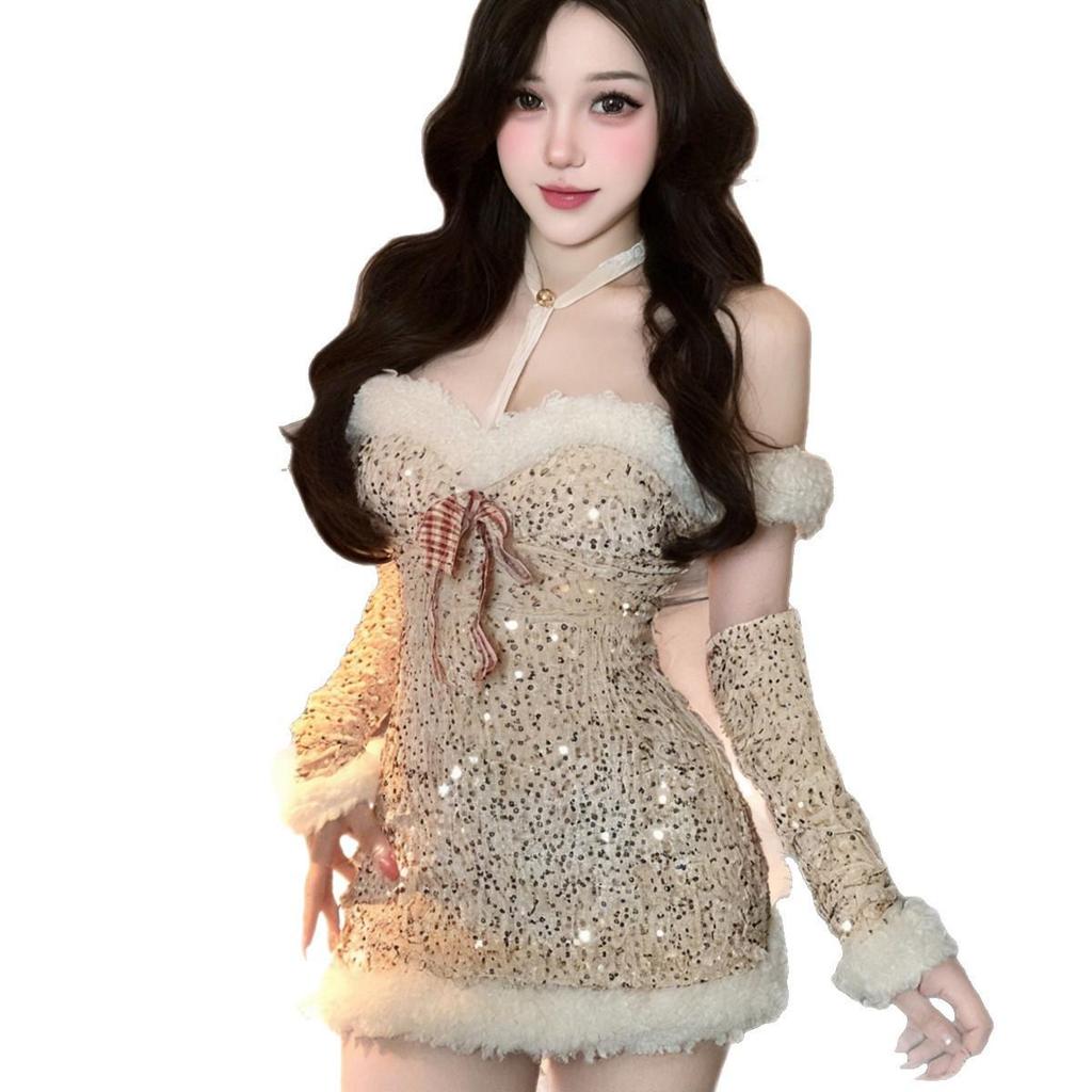 2025 Weihnachten Pailletten Schleife Neckholder Trägerlos Bodycon Mini Kleid