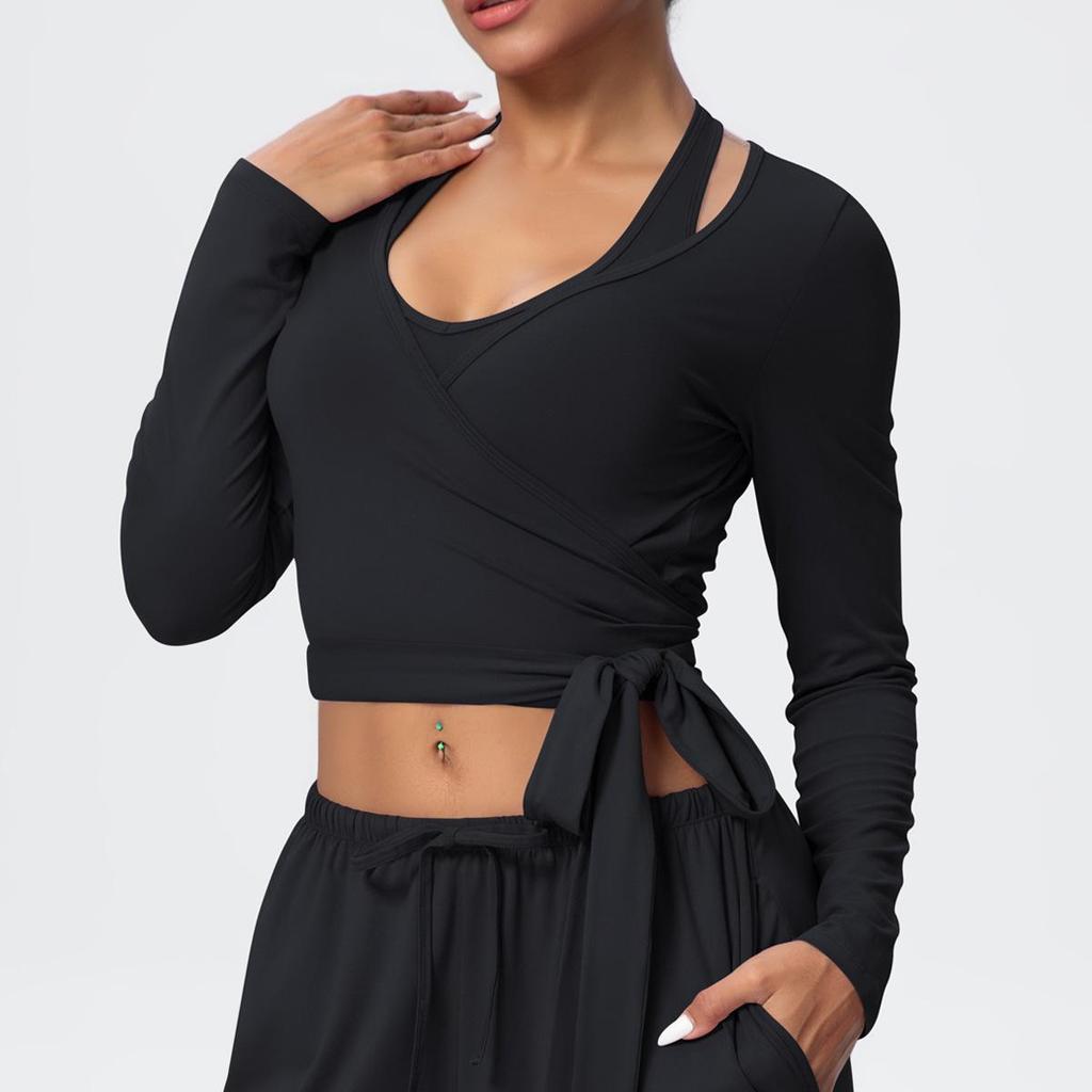 European & American Breathable Wide-Leg Pants with Fitness Halter & Strappy Long-Sleeve Yoga Top