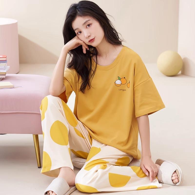 Short-sleeved long pants pajamas women's summer cartoon cute can be worn outside plaid loungewear imitation cotton suit summer thin