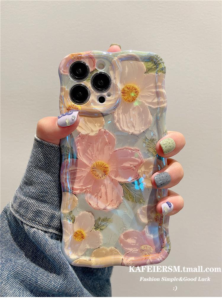 Artistic Oil Painting Flower Phone Case for iPhone 17 Pro Max/14, with 16E Bracelet and Blue Light Filter.