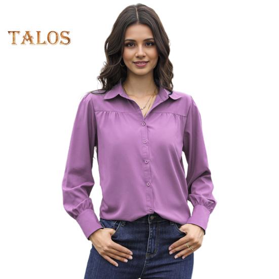 Women Shirt Lapel Puff Long Sleeve Solid Color Single-Breasted Shirt Tops Loose Fit Casual Tops Work Daily Wear