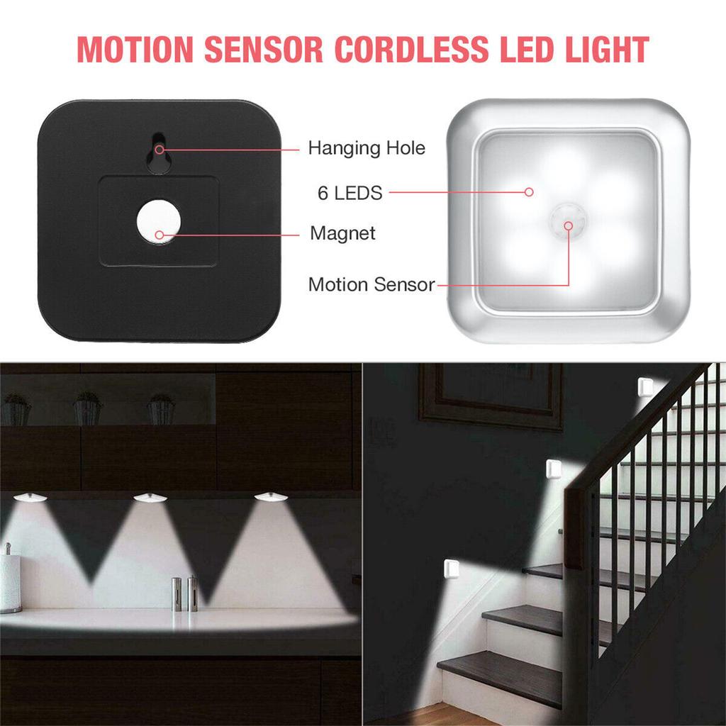 6leds Wireless Motion Sensor Night Light 120 Degree Angle Battery Powered Cabinet Closet Stair Lamp
