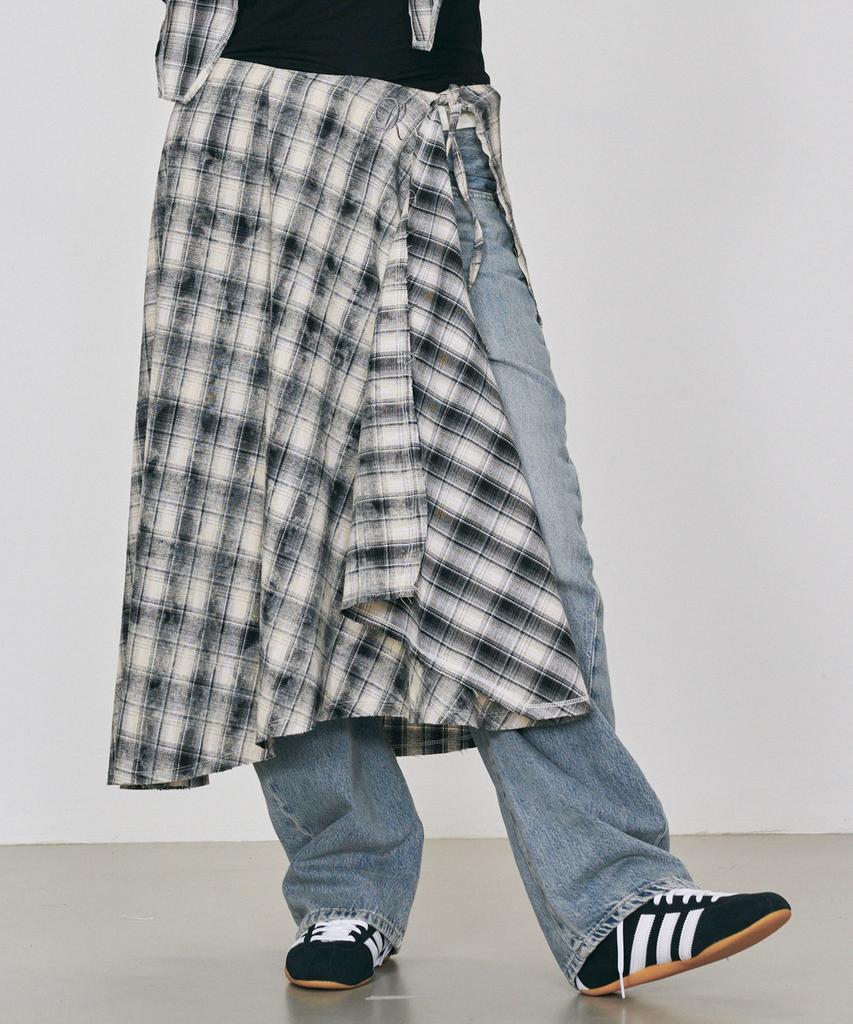 Dieomaidieo Check Drape Fringe Wrap Skirt (Black)