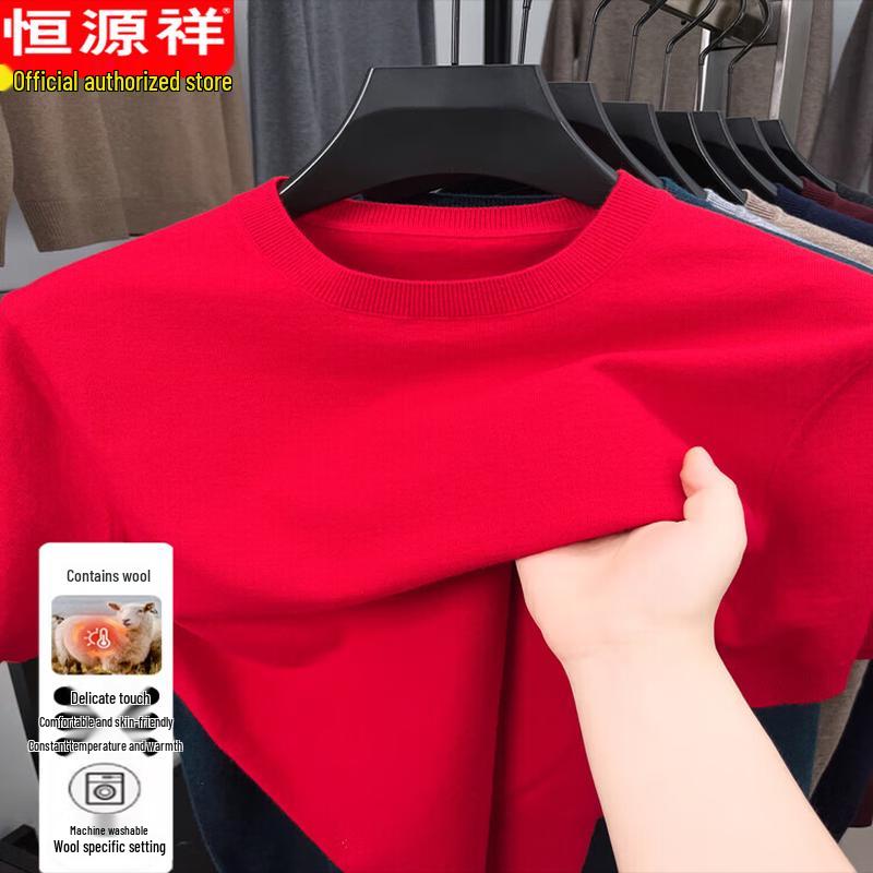 Hengyuanxiang Men's Thickened Round Neck Short Sleeve Wool Blend Sweater