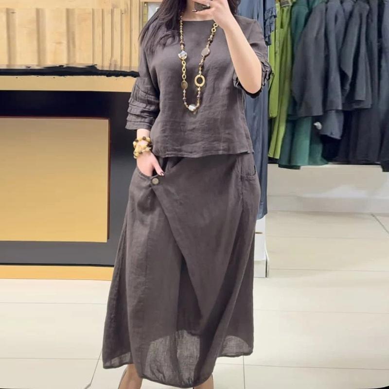 Casual O Neck Top Pullover A-Line Skirts Cotton Linen Set Woman 2 Pieces Half Sleeve Loose Outfit Spring Vintage Suit Harajuku