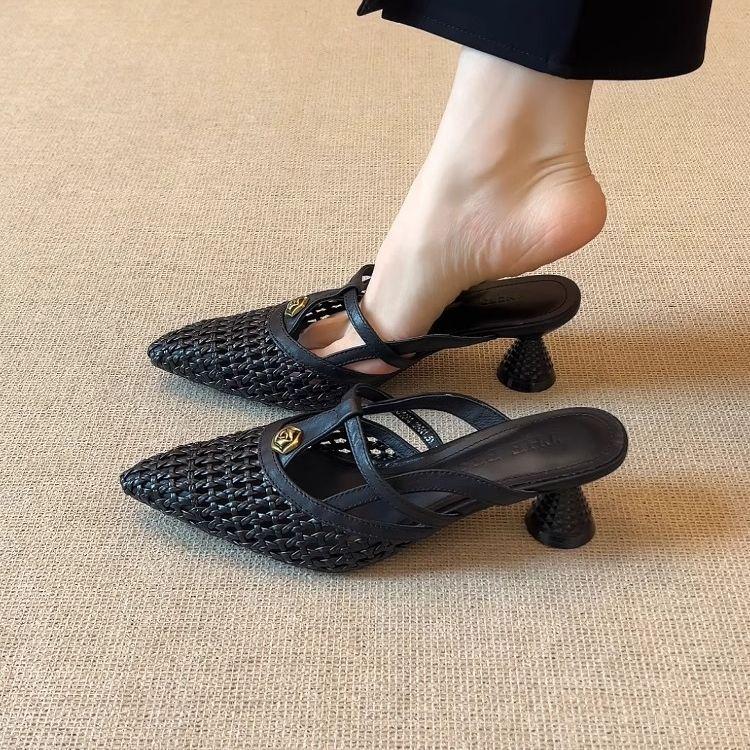 Handmade Niche Temperament Pointed Camellia Bag Head Sandals French Woven Super Women's Hollow Outer Slippers