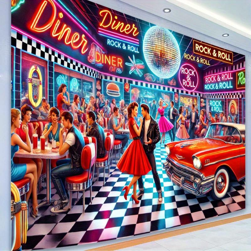 1 Vintage Restaurant Scene Photography Background - Rock Theme Vintage Car and Checkered Floor Design Rock Decoration