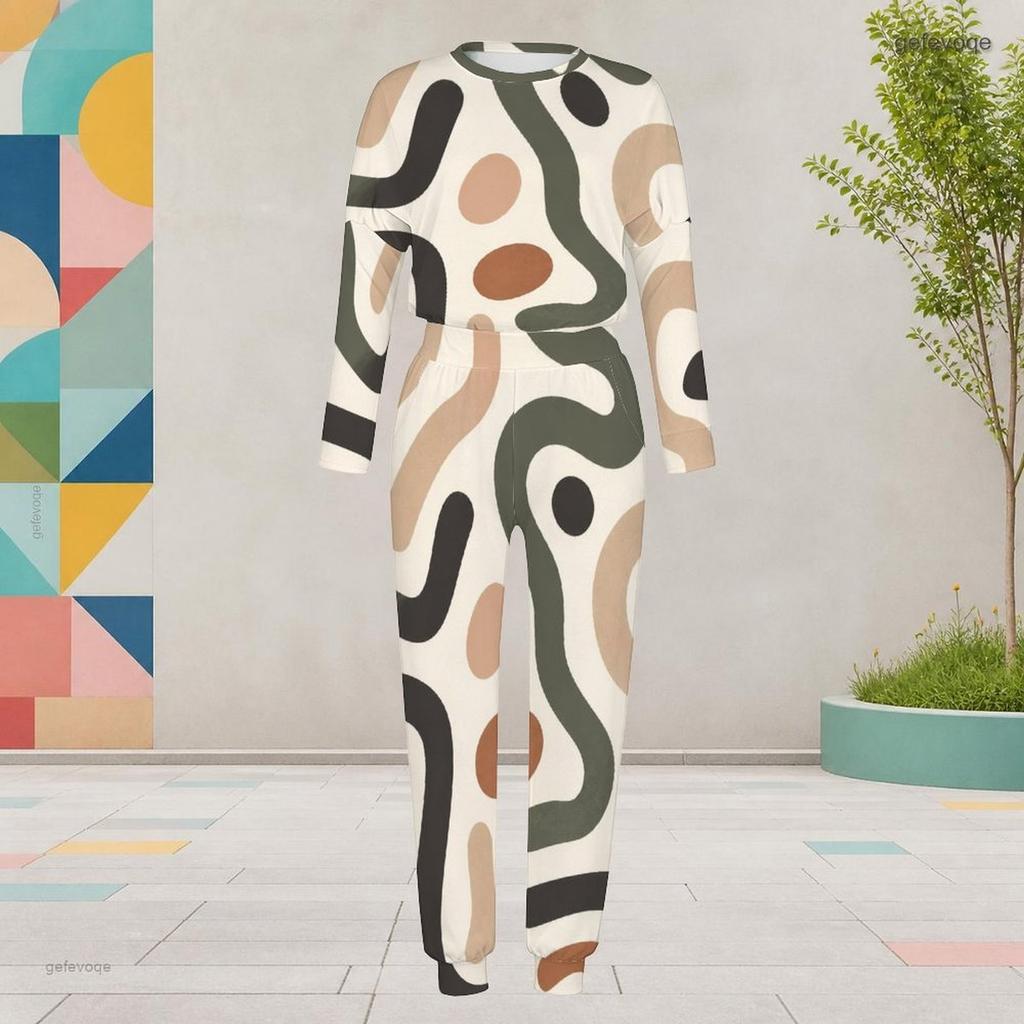 Women Plus Size Abstract Printed Round Neck Long Sleeve Cuffed Top And Pants Two Piece Set With Pockets