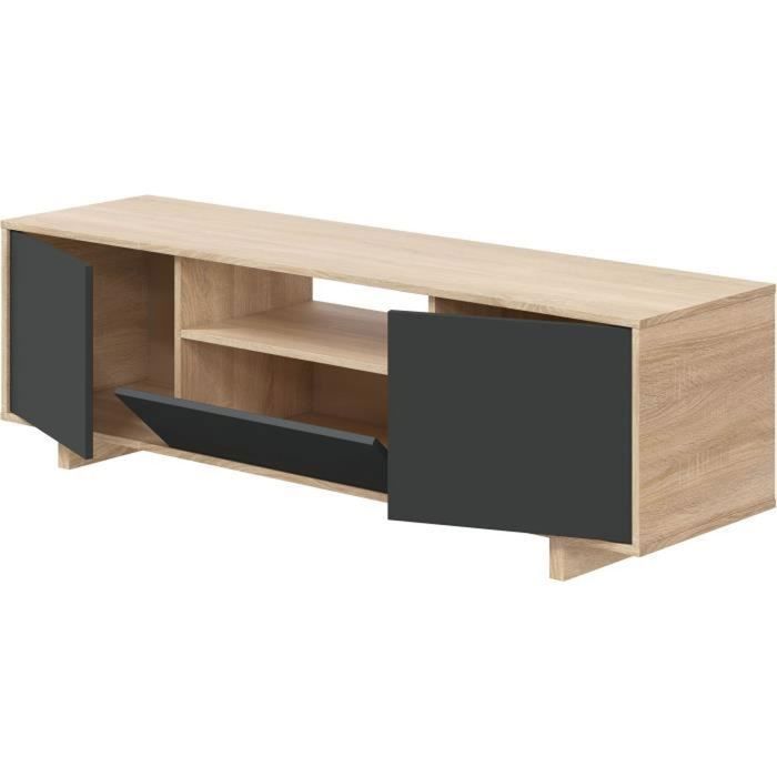 Meuble TV ZAIRA - Mélaminé Anthracite et chêne - 3 Portes - L150 x P41 x H46 cm