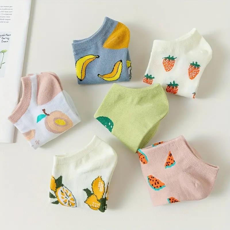 1/6 Pairs Women Cartoon Fruit Printed Cotton Boat Socks Spring Summer Sweat Absorbing Breathable Soft Comfortable Ankle Socks