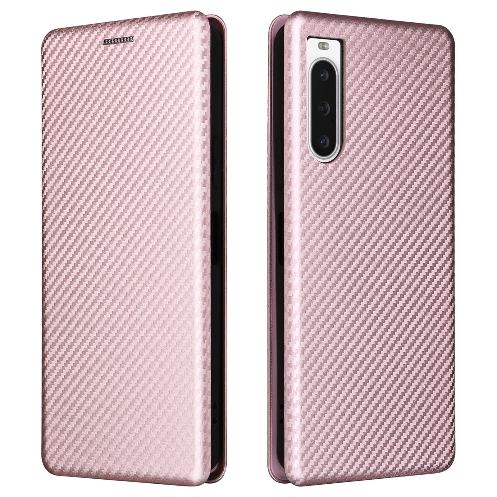 

For Sony Xperia 10 V Leather Phone Cover Carbon Fiber Texture Stand Phone Case with Card Holder Rose Gold