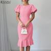 ZANZEA Women Casual Round Neck Summer Puff Short Sleeve Dress