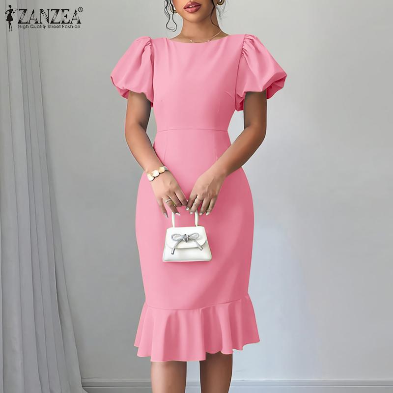 ZANZEA Women Casual Round Neck Summer Puff Short Sleeve Dress