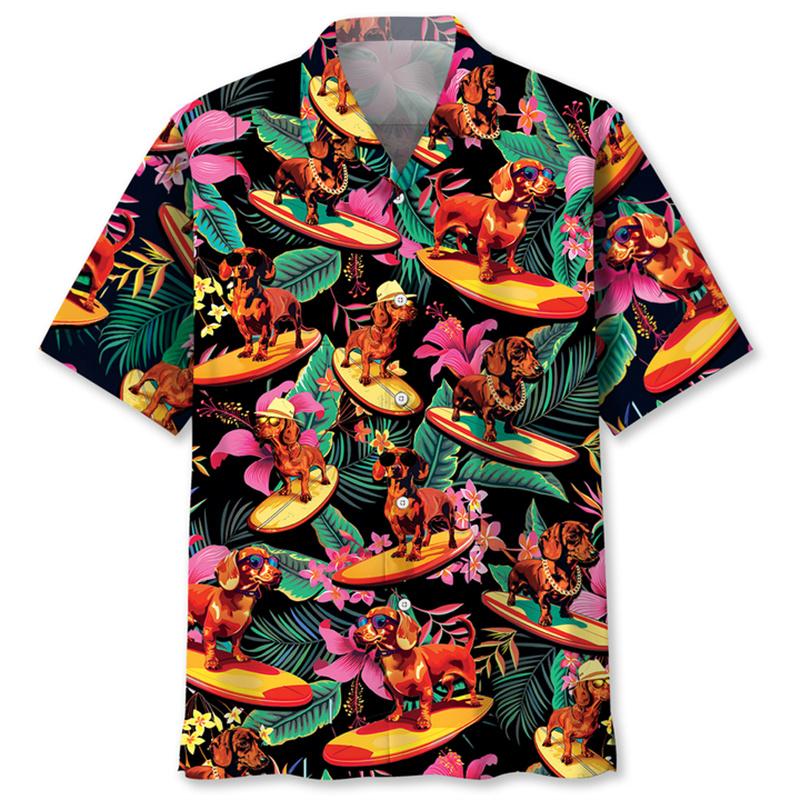 ETST51 Schattige Teckel Hawa&iuml;aans Shirt Heren Nieuw Binnen 3D Geprint Dier Hond Revers Korte Mouwen Tops Buiten Blouse Zomer Knopen Shirts 5XL