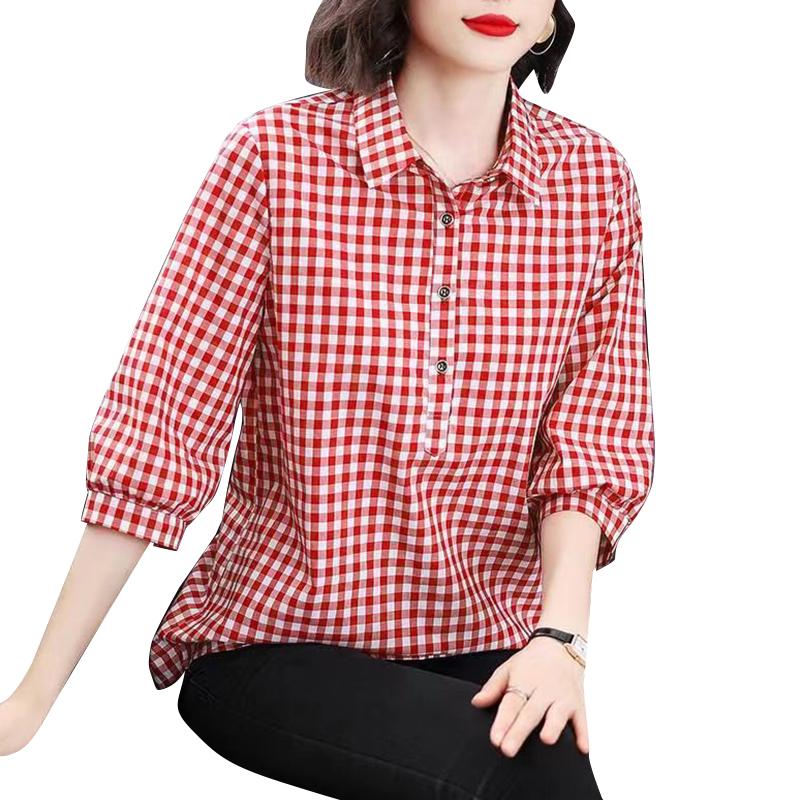 ZANZEA Women Casual Turn Down Collar Grid Printed 3/4 Sleeve Blouse