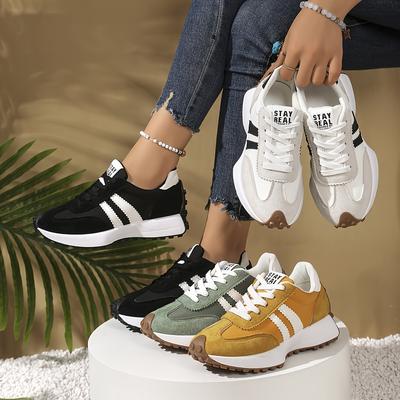 Chaussures de sport rétro pour femmes à couleur contrastée, tige en tissu respirant